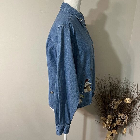 Vintage Christopher & Banks Womens Size M Blue Denim Snowman Crop Shirt Jacket - Picture 10 of 11